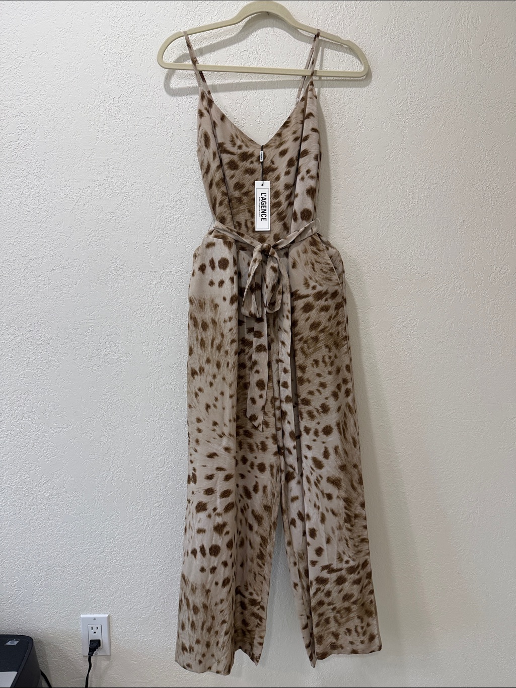 L'agence Cocoa Silk Beige And Brown Spotted Sleeveless Tie-Waist Jumpsuit
